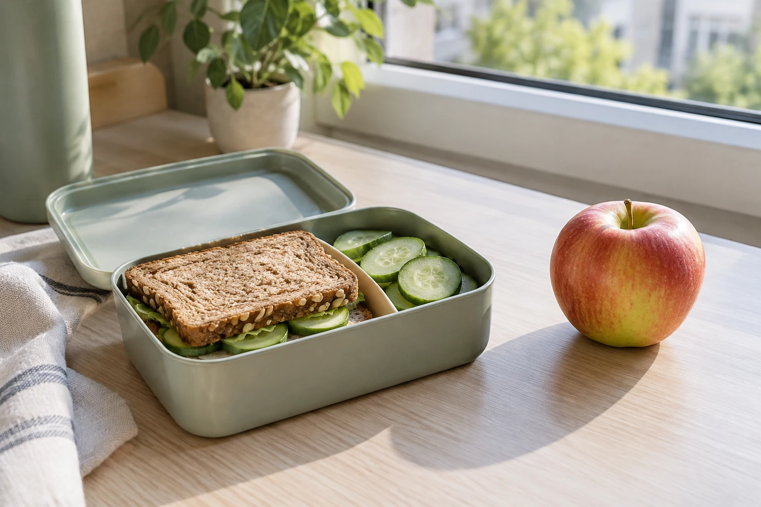 Lunchbox met volkoren boterham, komkommerschijfjes en appel bij raam