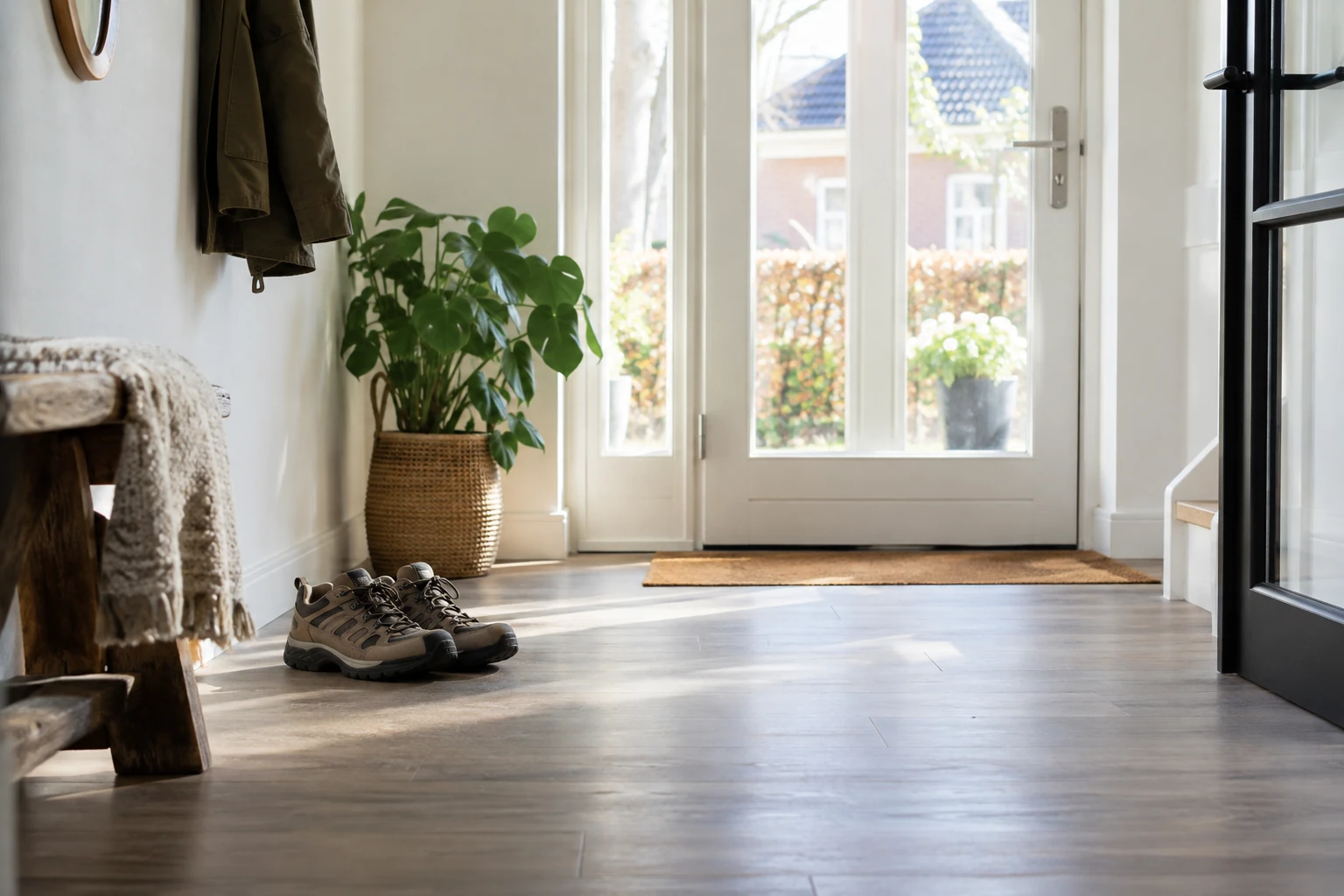 Binnenhal met deur, wandplant in mand, schoenen bij bank en zonlicht op vloer