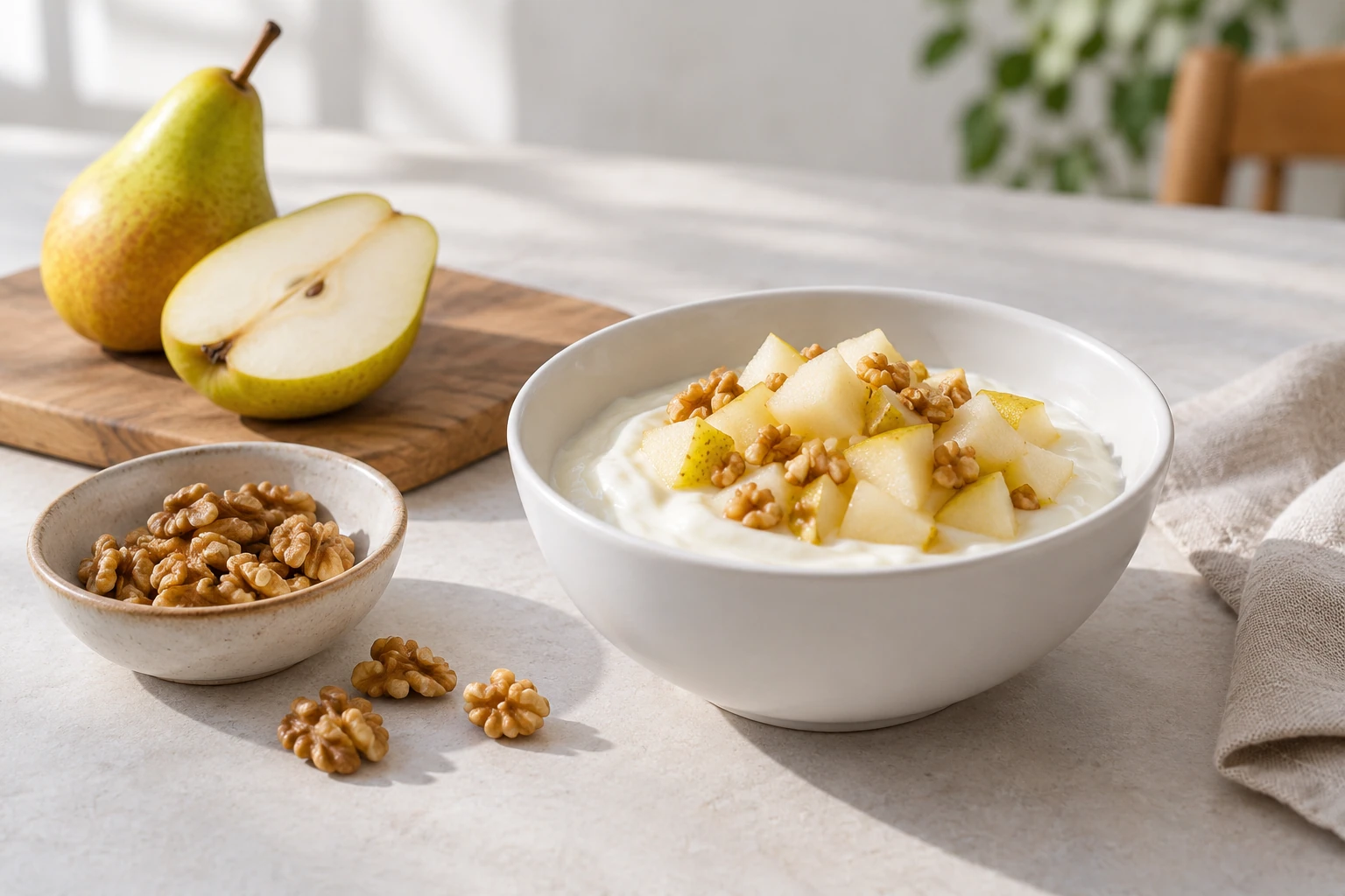 Kom yoghurt met stukjes peer en walnoten op een lichte tafel