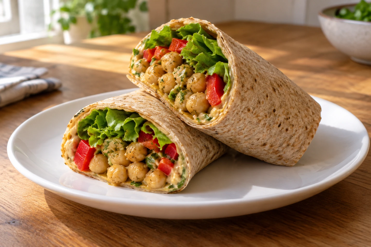 Volkoren wrap gevuld met kikkererwten, sla en rode paprika op wit bord