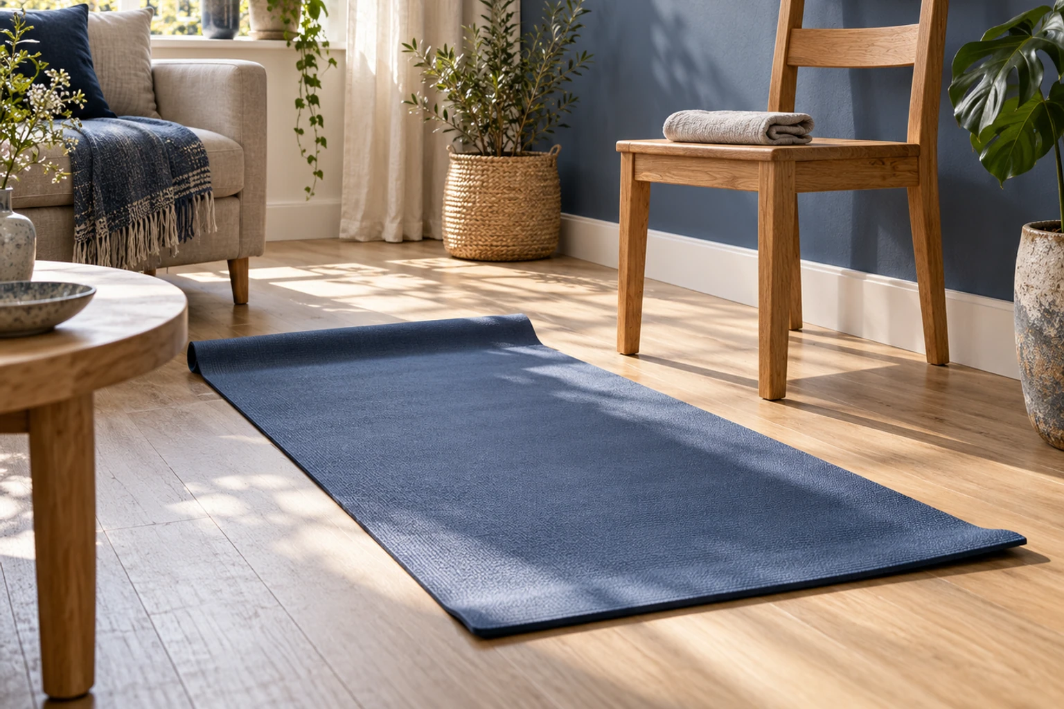 Donkerblauwe yogamat op houten vloer in zonnige woonkamer met stoel en planten