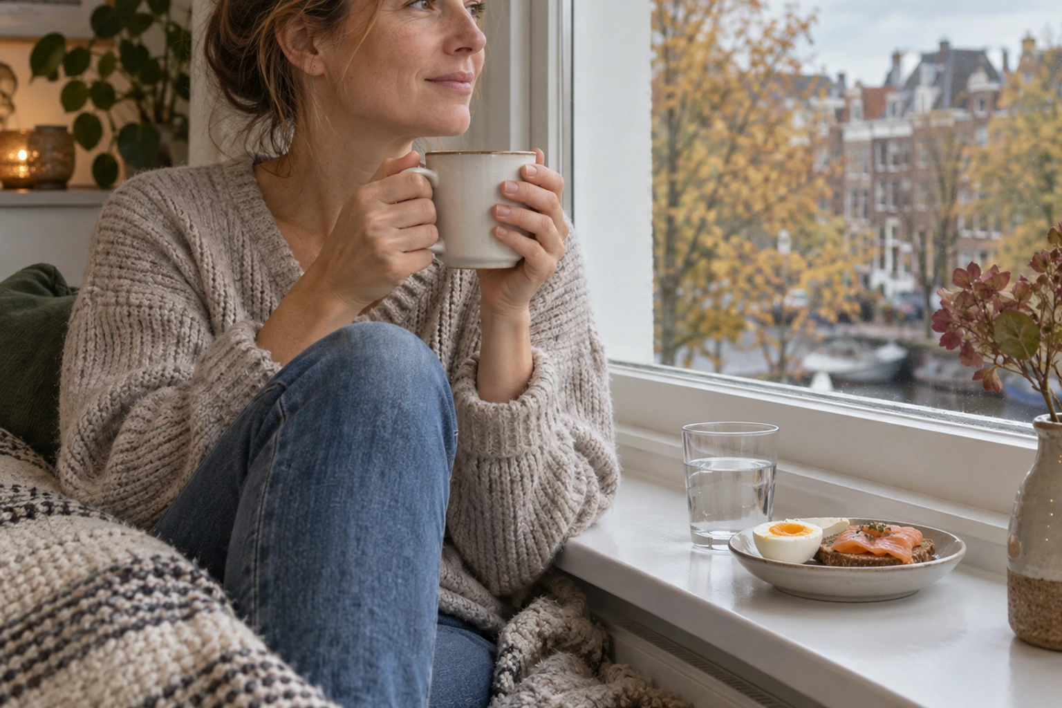 Vrouw bij raam met kopje thee, bordje zalm en zachtgekookt ei op vensterbank